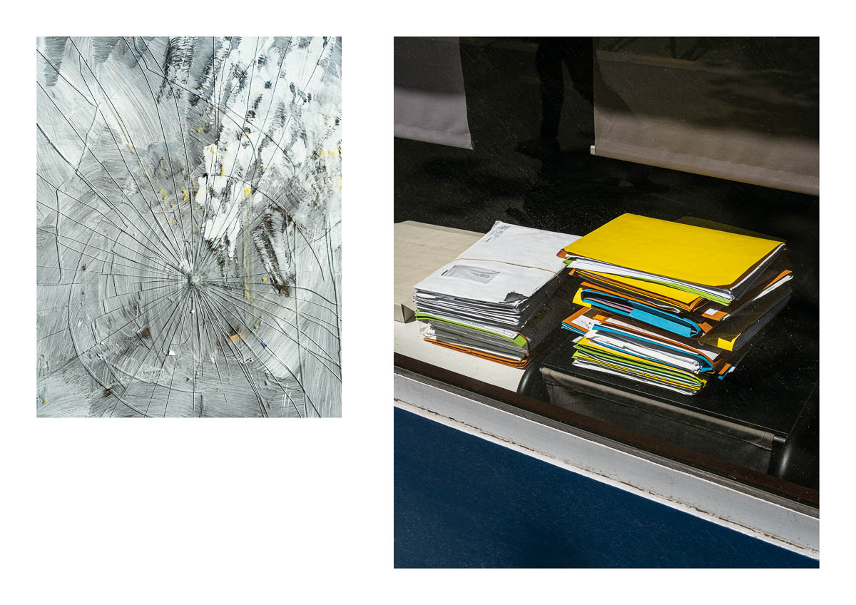 Diptych with a broken display case and a stack of files of different colors, from the series I will be around by Emmanuel Pineau