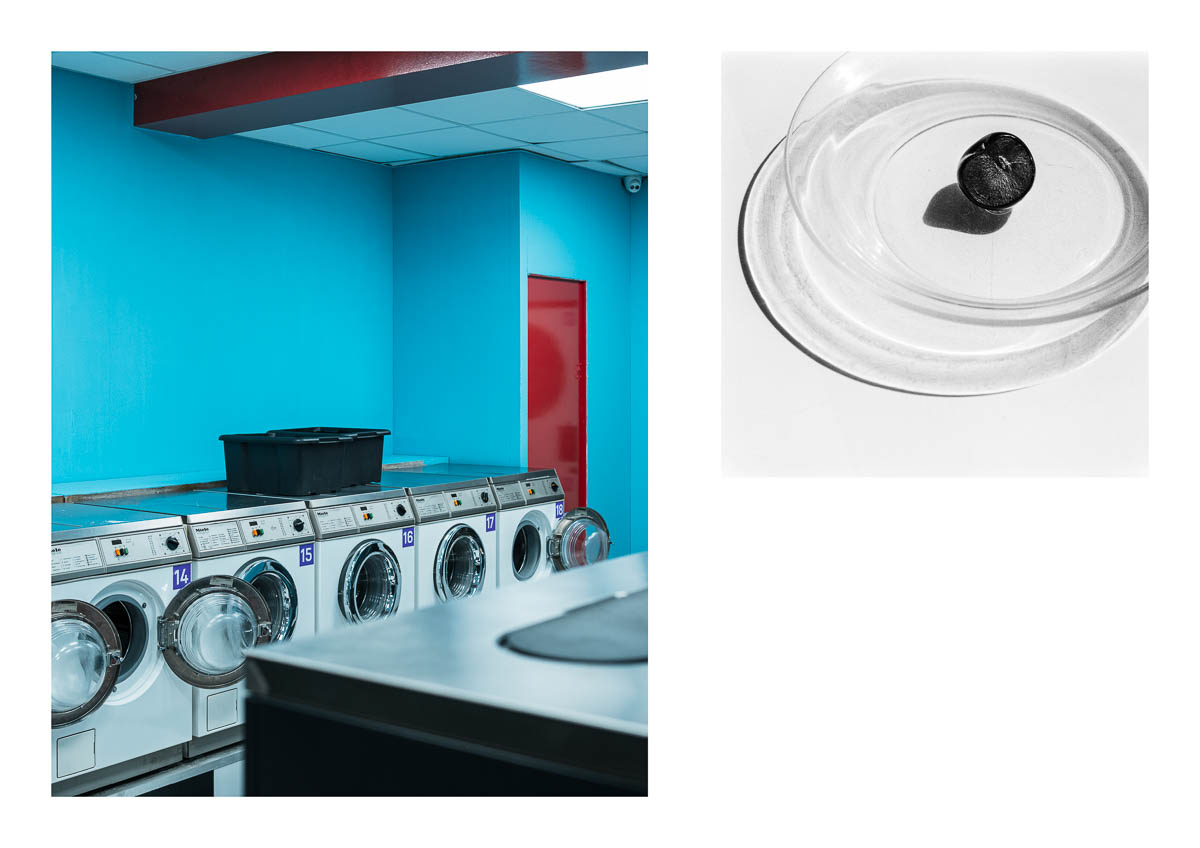 Diptych with a view of an empty laundromat and a black and white still life of fruit in a glass plate, from the series I will be around by Emmanuel Pineau