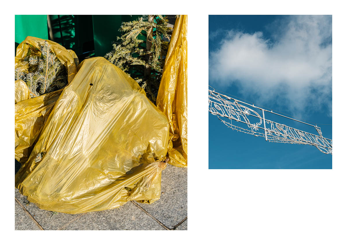 Diptych depicting Christmas trees thrown onto the sidewalk and Christmas decorations against a blue sky, from the series I will be around by Emmanuel Pineau