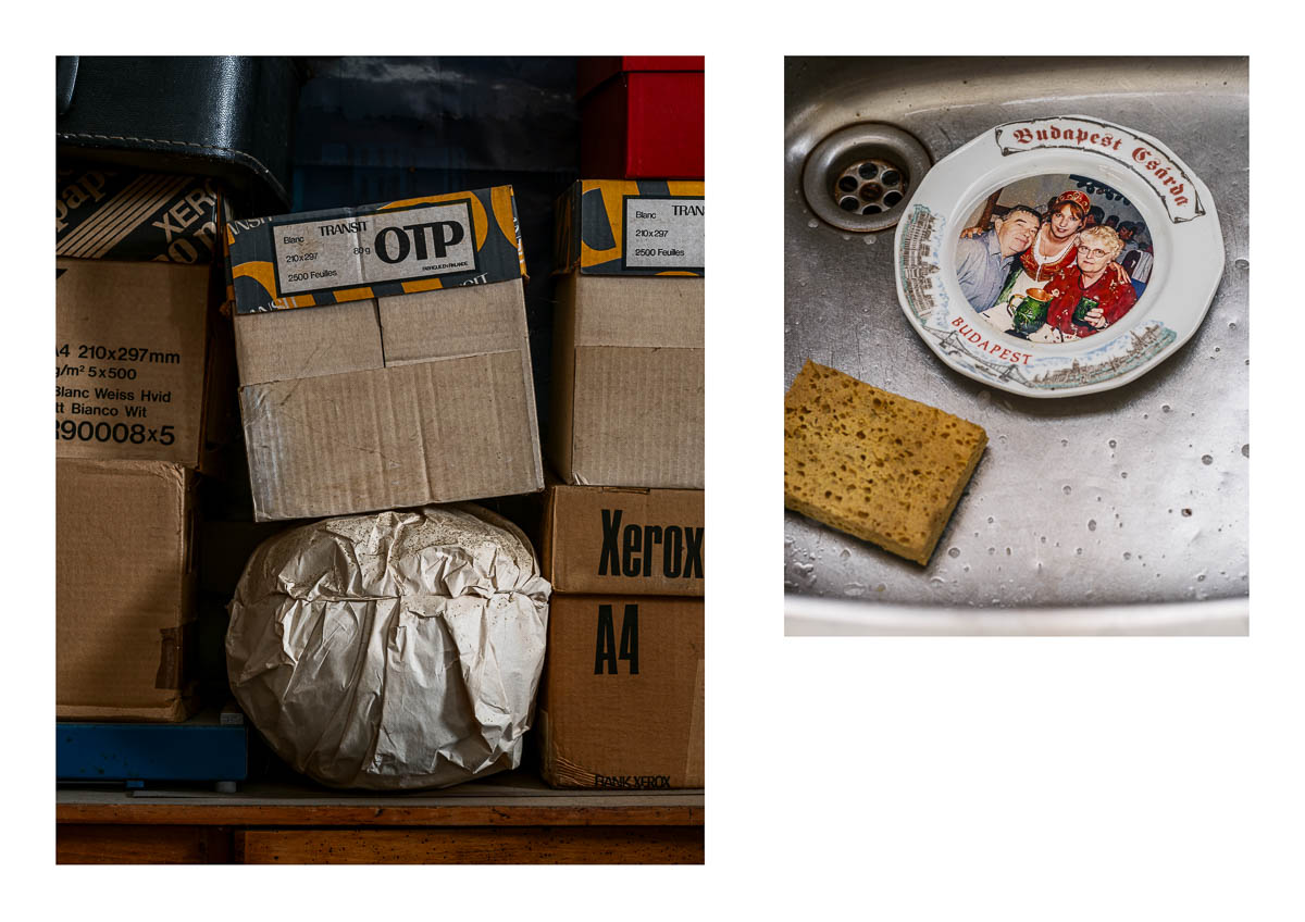 Diptych featuring stacked storage crates and a plate with a photo of my parents in the kitchen sink. From the series I will be around by Emmanuel Pineau