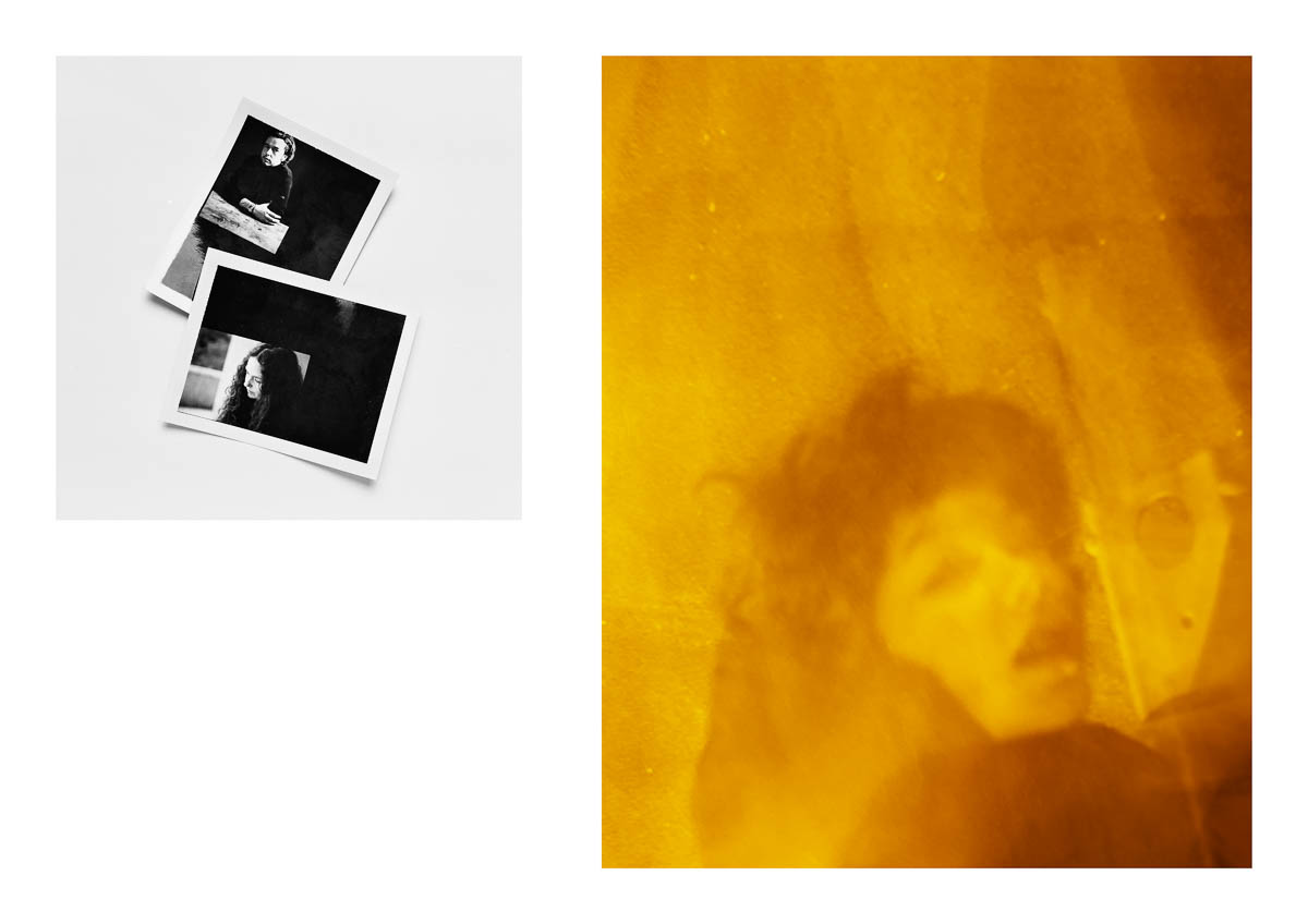 Diptych featuring two black and white polaroids of me and Sophie, as well as a blurry image of Edouard on the evening of the carnival in Cholet., from the series I will be around by Emmanuel Pineau