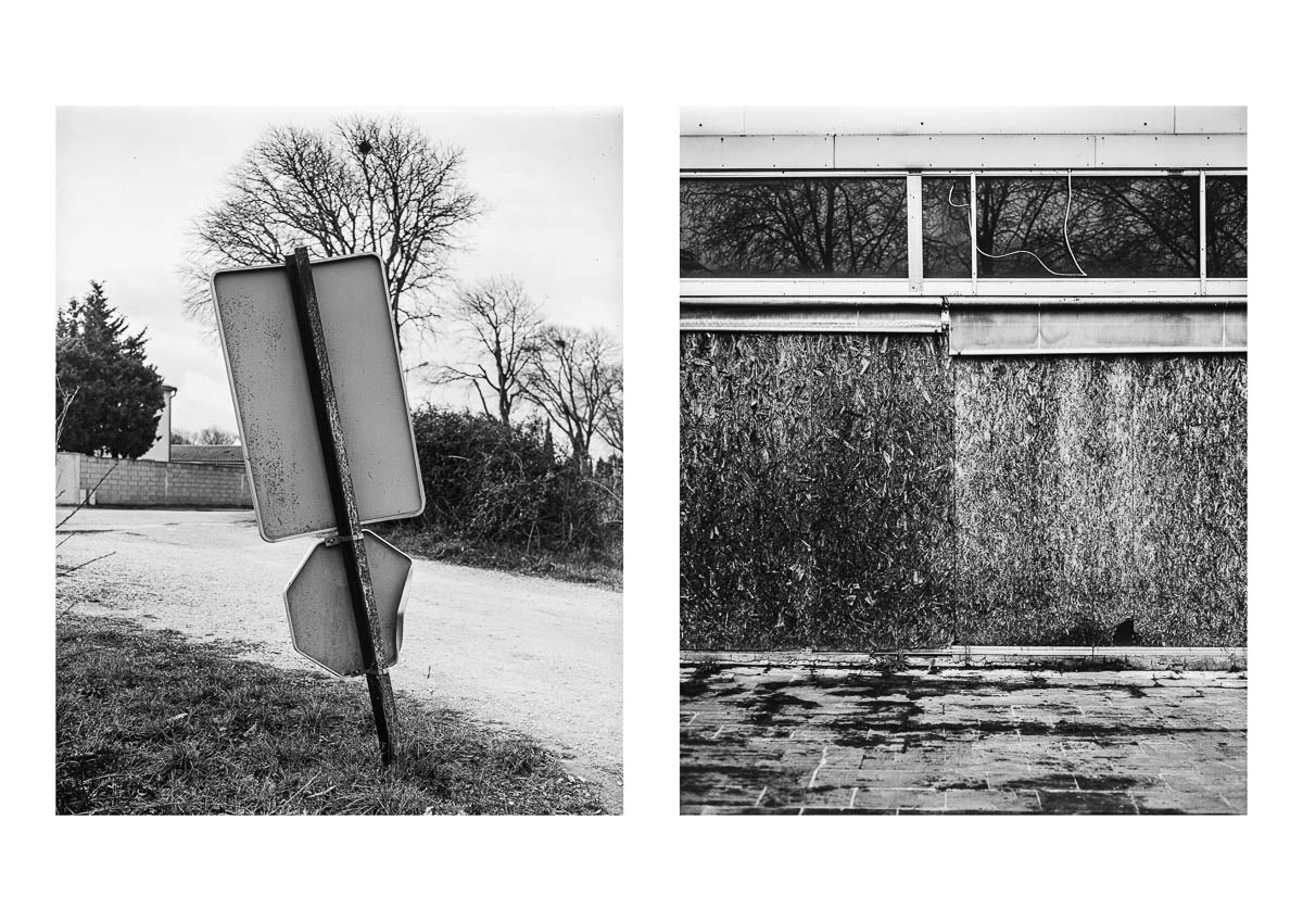 Diptych featuring two large-format black and white photographs. A road sign view from back and a closed window shop, from the series I will be around by Emmanuel Pineau