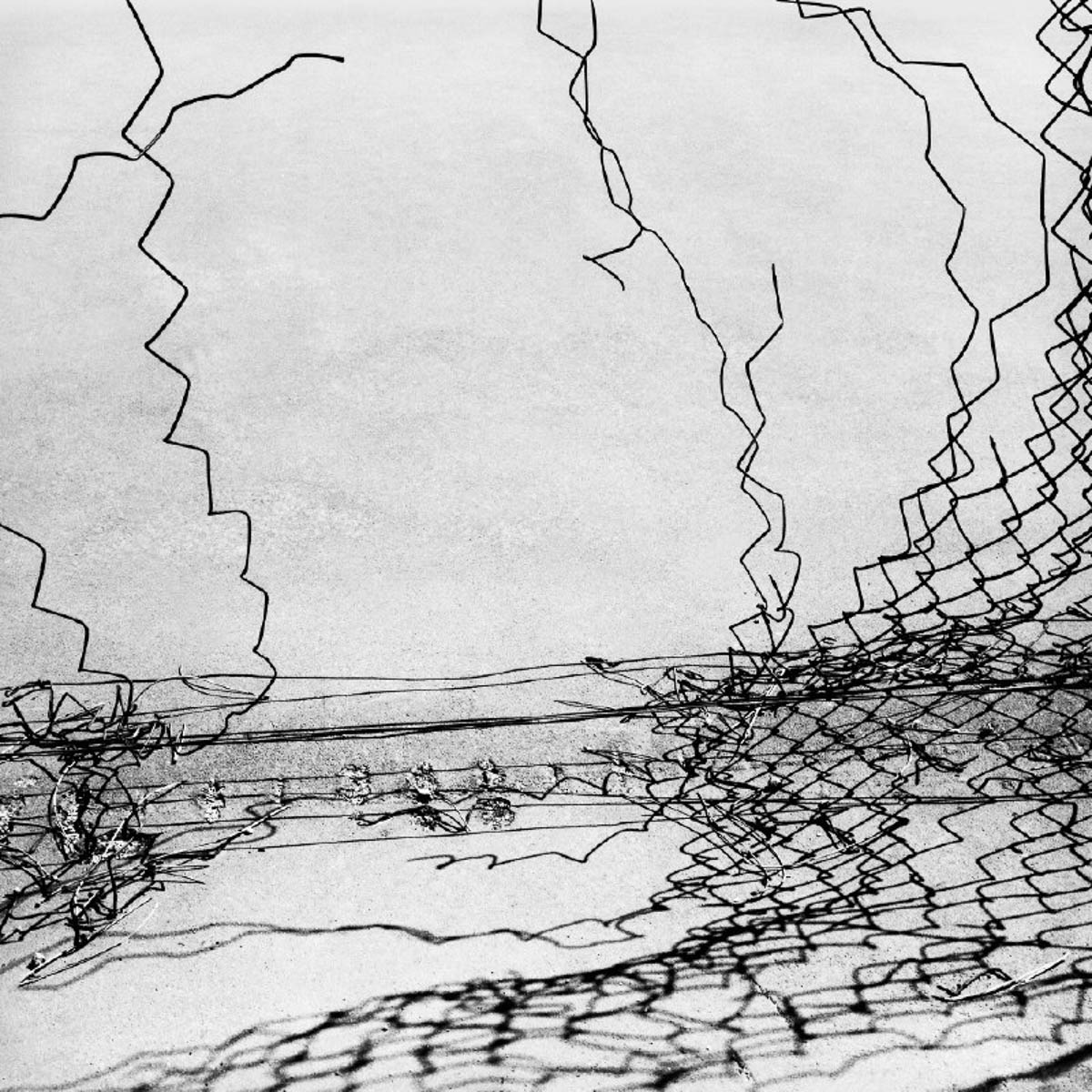 Abstract close-up of a hole in a wire fence, from the series Les limites du territoire by Emmanuel Pineau
